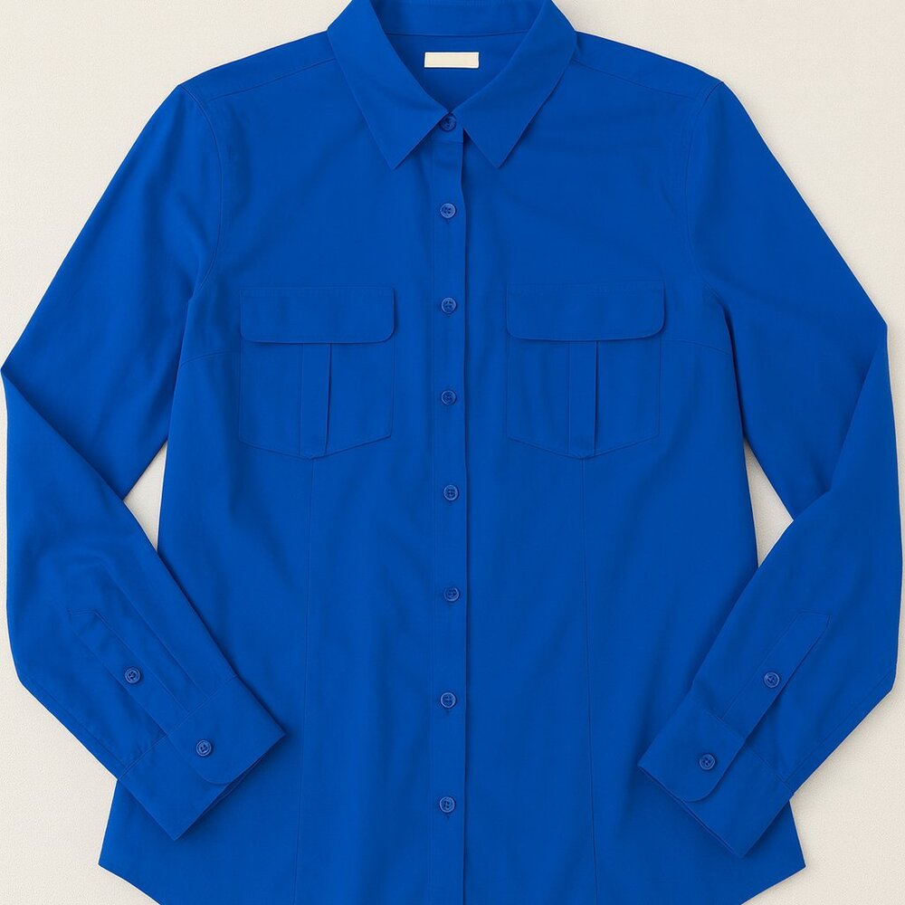 Chicos Top Womens XL Blue No Iron Button Up Roll Tab Sleeve Pockets Preppy